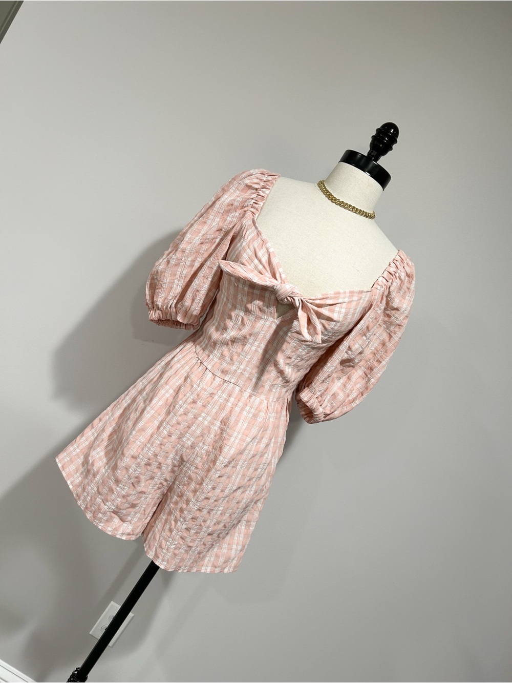 Topshop Pink Plaid Puff-Sleeve Tie-Front Romper
